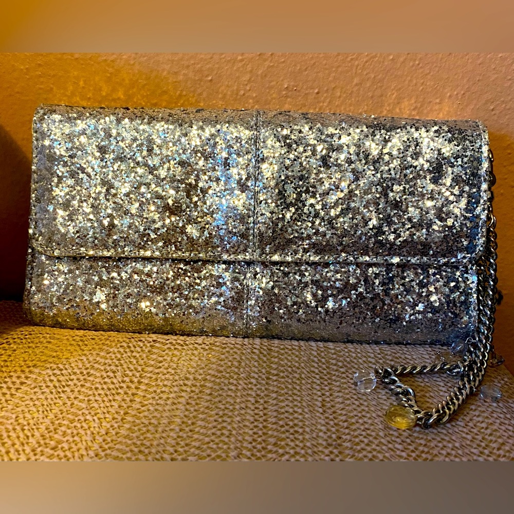 Jewel by 31 silver colored sequins clutch wallet with wristlet charms